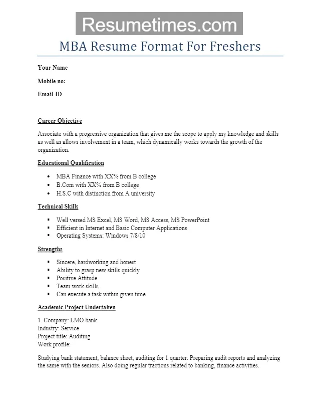 MBA Fresher Resume Format