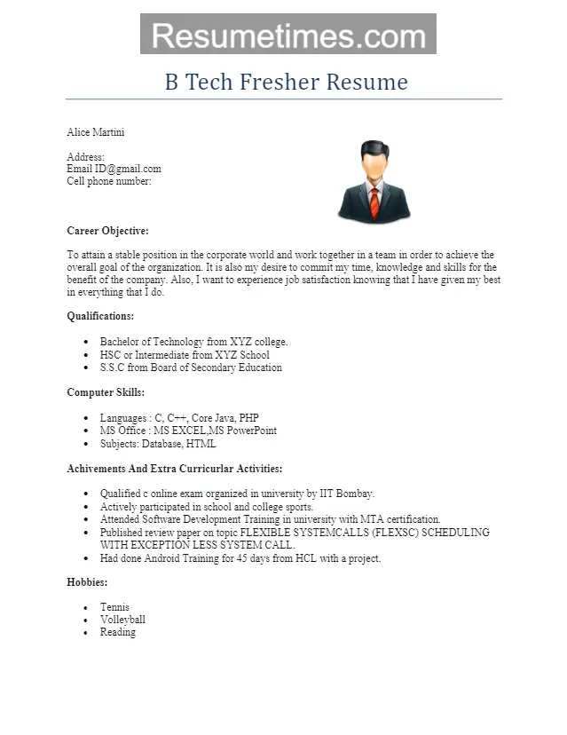 B Tech Fresher Resume Format