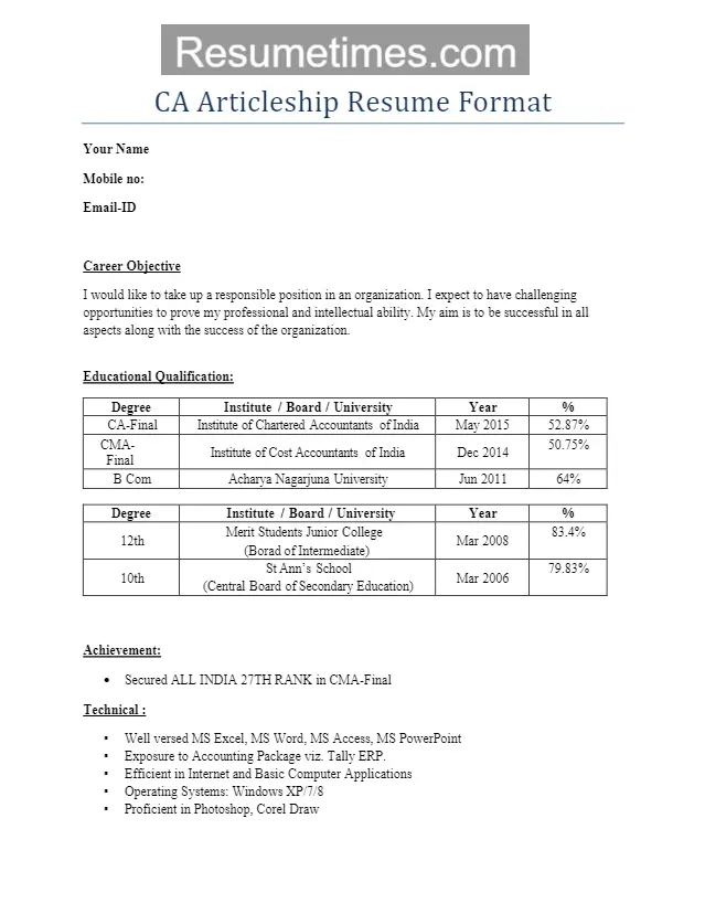 CA Articleship Resume