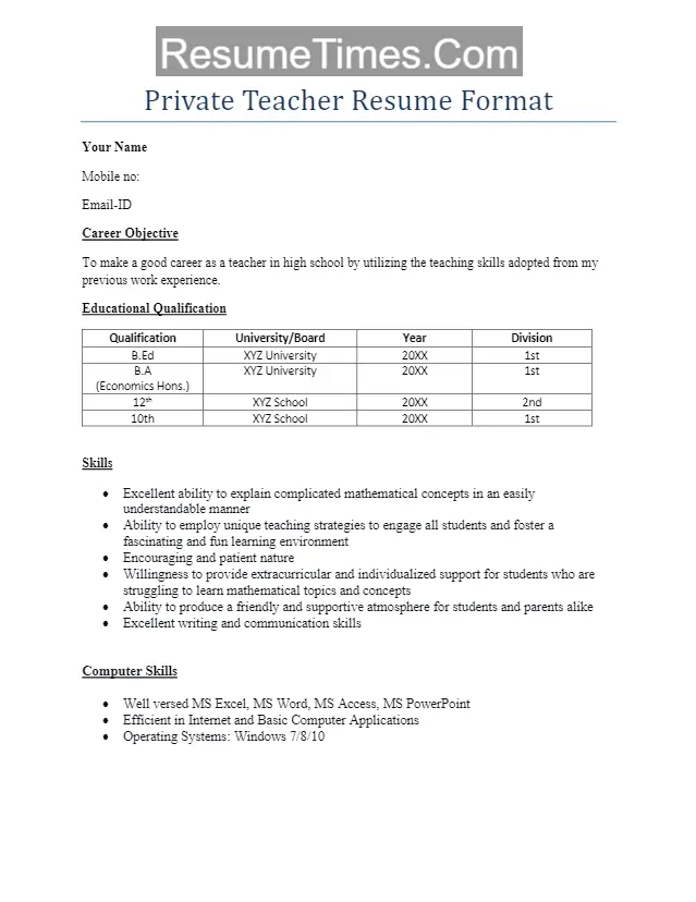 Private School Teacher Resume Format