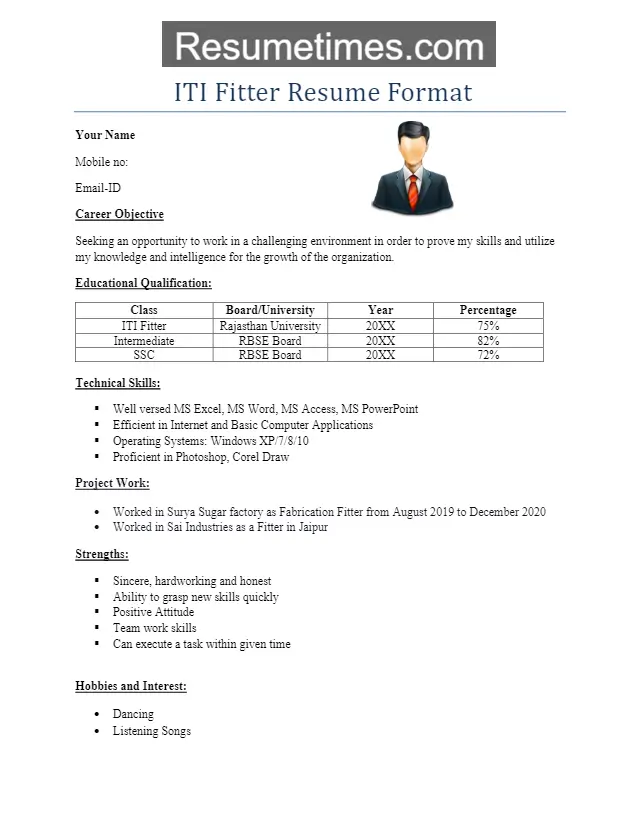 ITI Fitter Resume format 