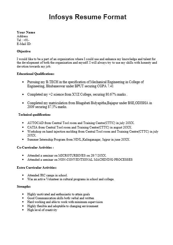 Infosys Resume Format