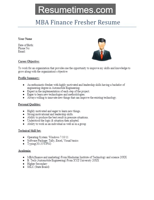 MBA Finance Fresher Resume