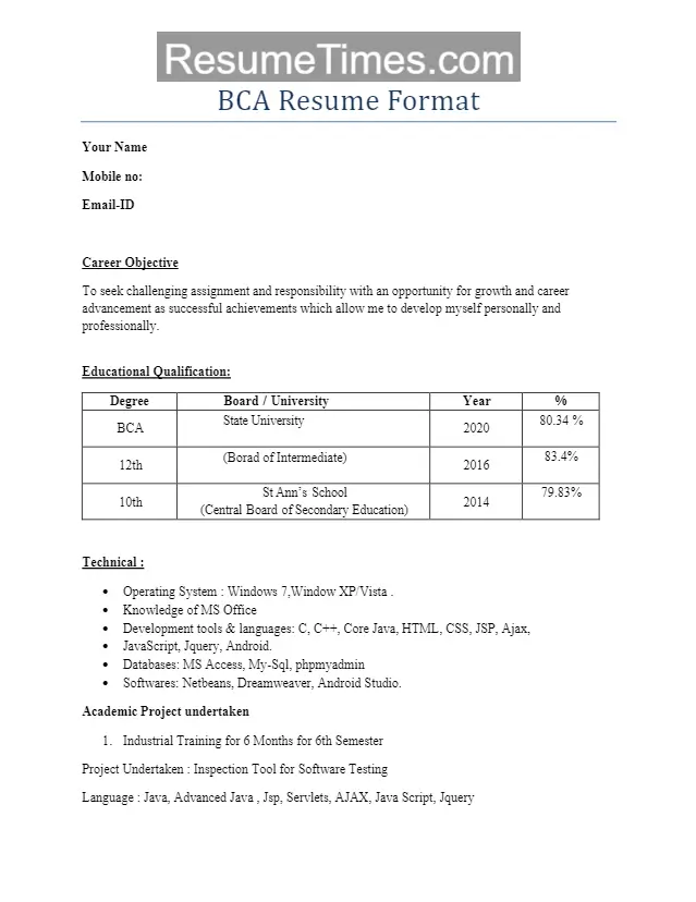 BCA Resume Format