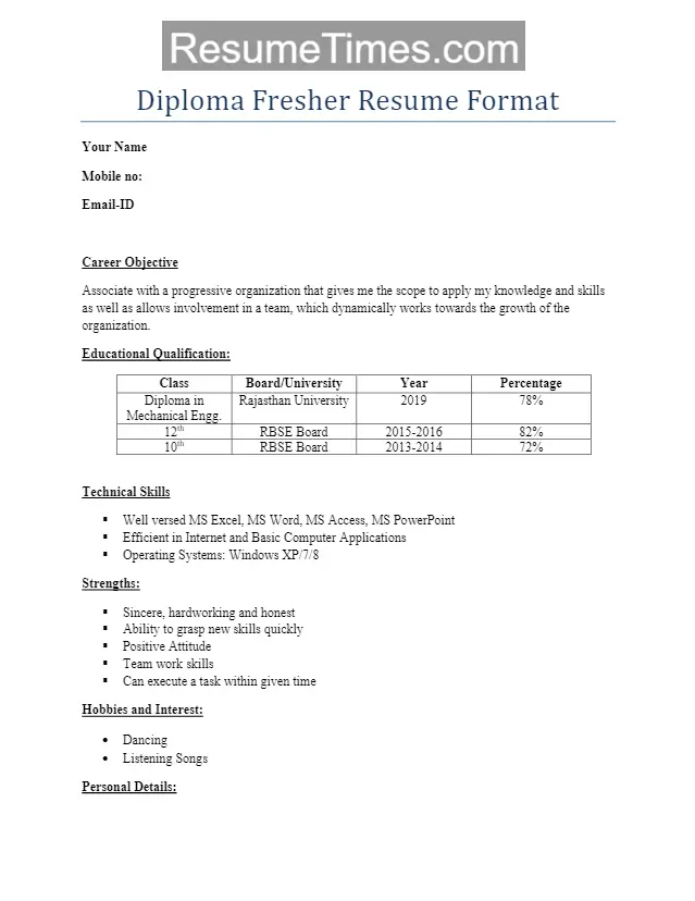 Diploma Fresher Resume Format