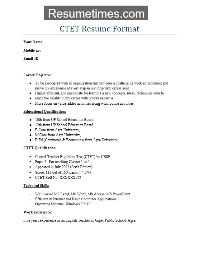 CTET Resume Format