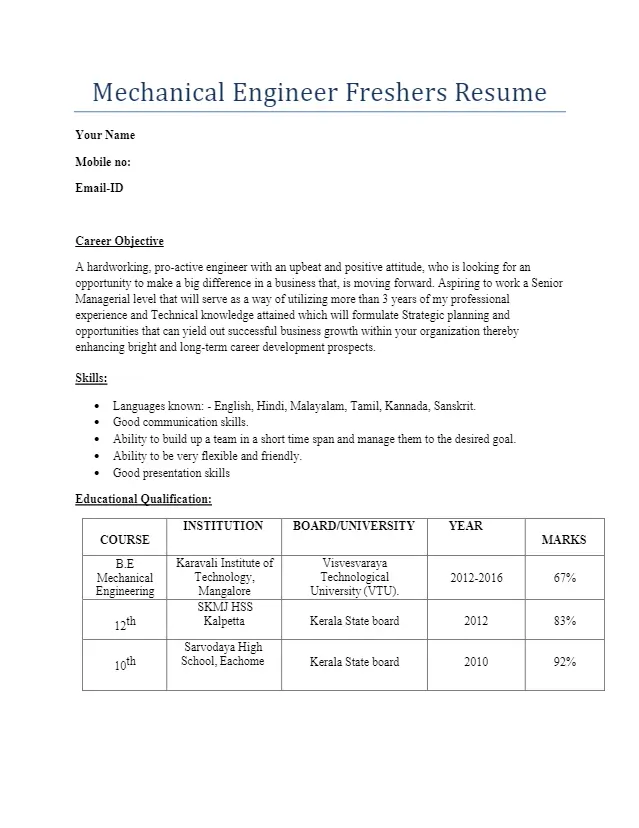 Resume For Mechanical Engineer Fresher