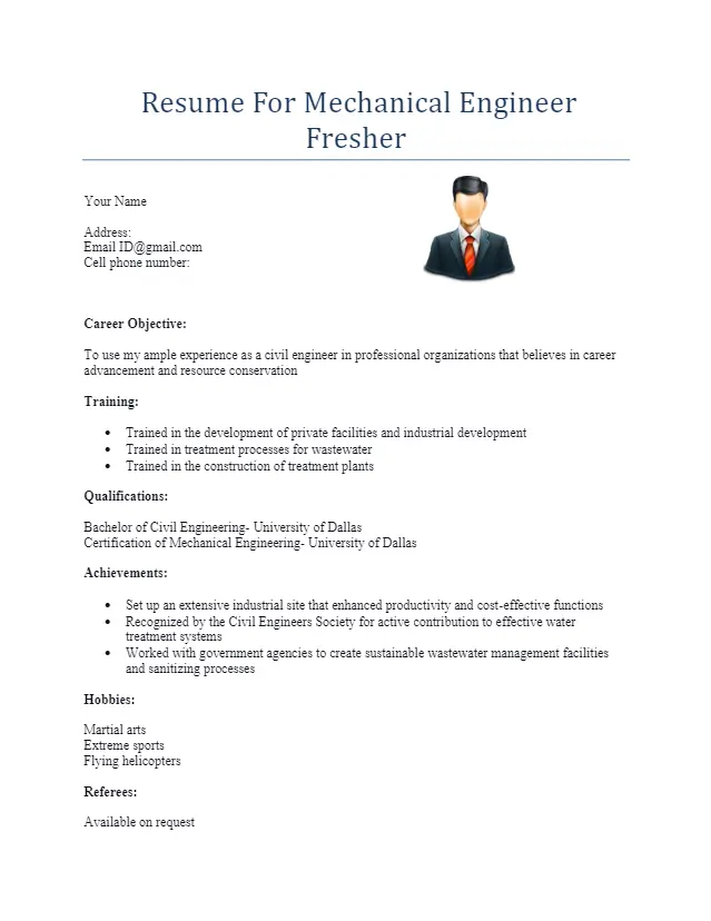 Resume For Mechanical Engineer Fresher