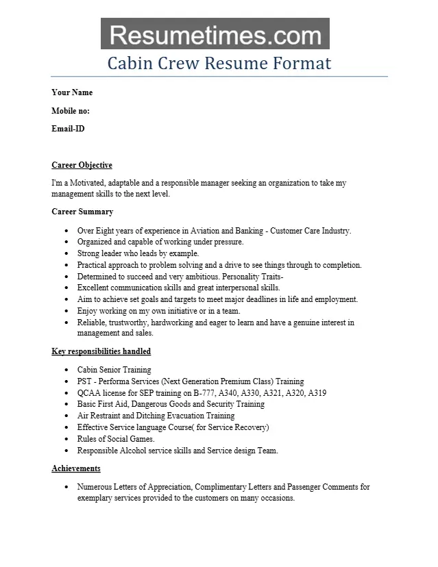 Cabin Crew Resume Format