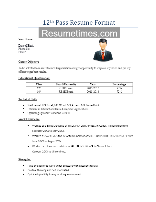 12th Pass Resume Format