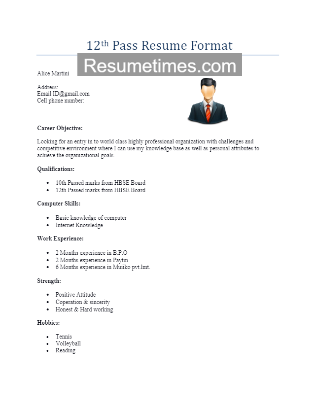 12th Pass Resume Format