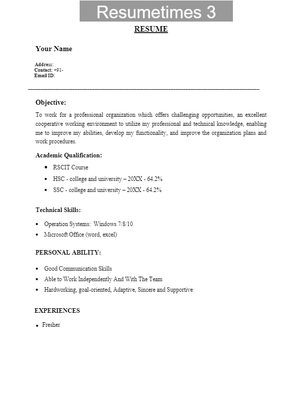 12th Pass Resume Format