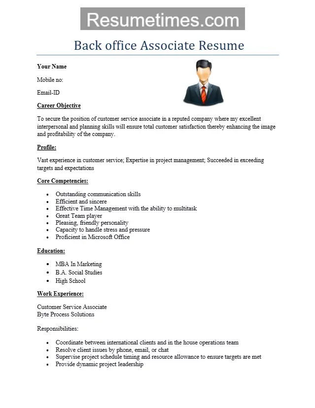 Back Office Executive Resume Format