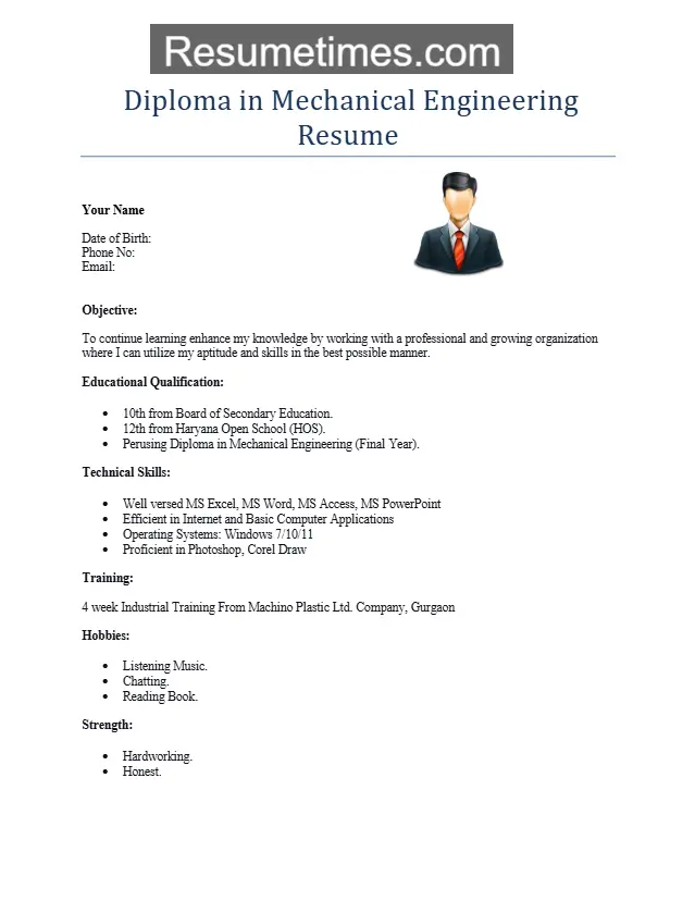 Diploma in Mechanical Engineering Resume 